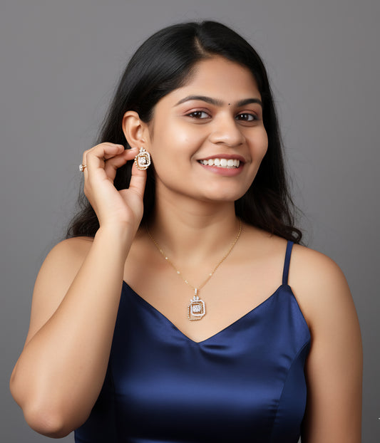 Contemporary Square Floral Motif Natural Diamond Pendant And Earrings