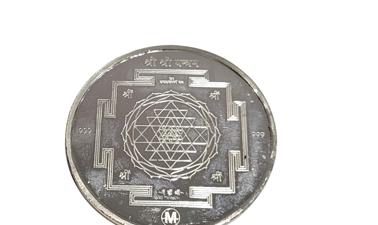 Silver Coin Presenting Shree Yantra And Laxmiji And Ganeshji