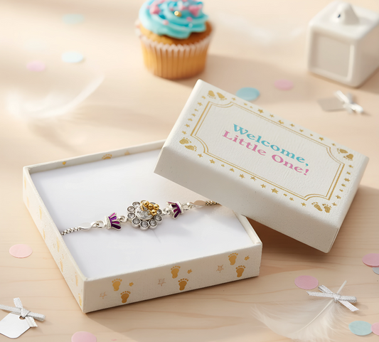 Center Flower Motif Silver Baby Shower Rakhi