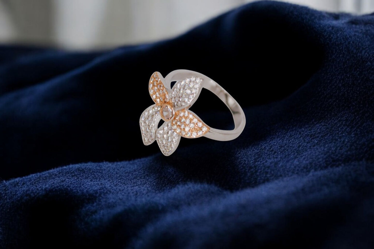 Rose Gold And Silver Matte Finish Diamond Ring