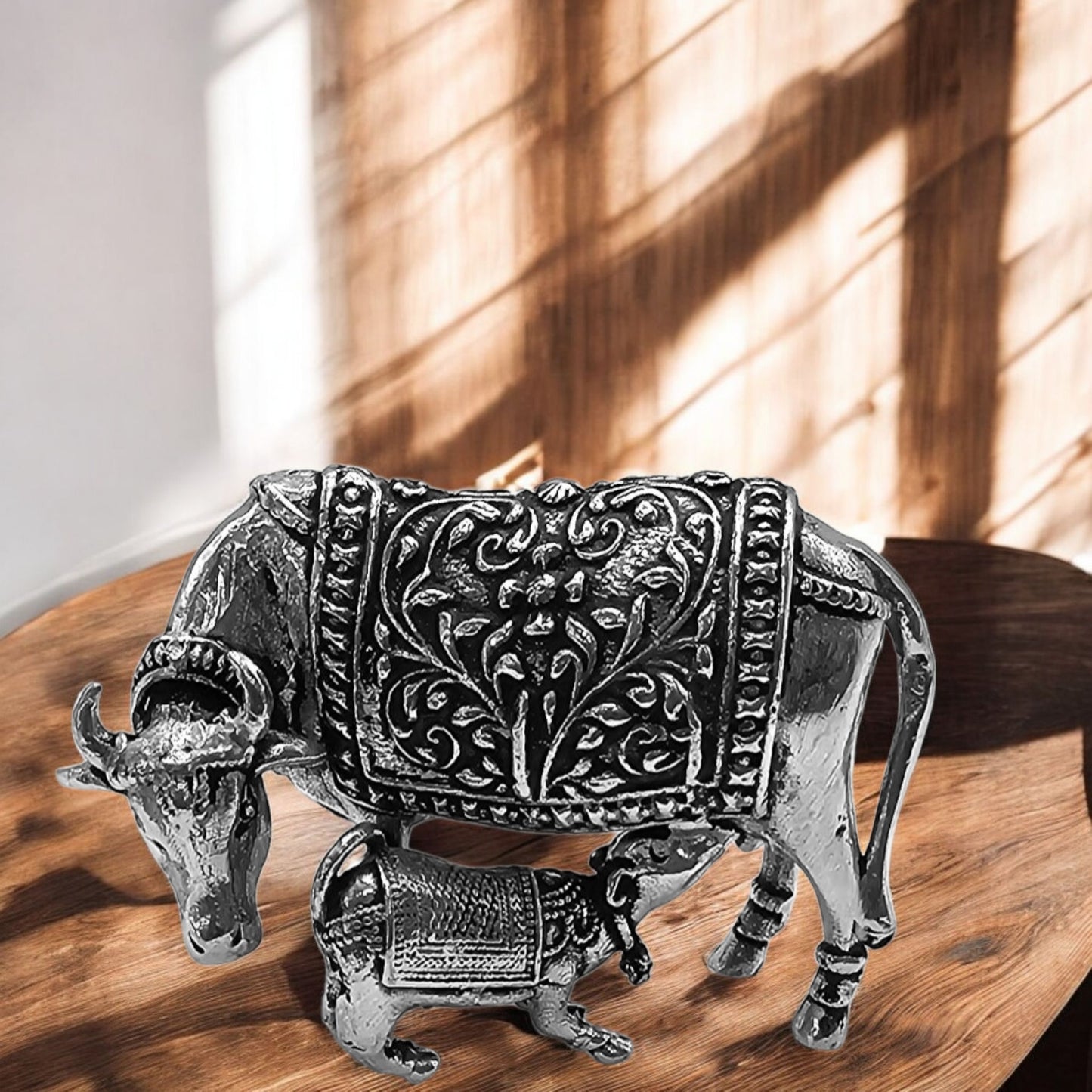 Sacred Cow & Calf Antique Silver Idol