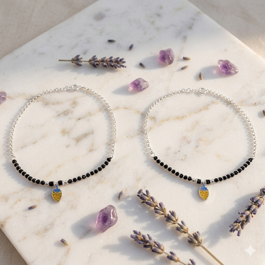 Minimalist Black Bead Silver Anklet with Cute Charm