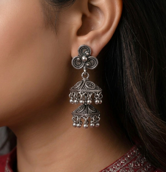 Hallmarked Silver Two-Step Jhumkas with Vintage Floral Embossing