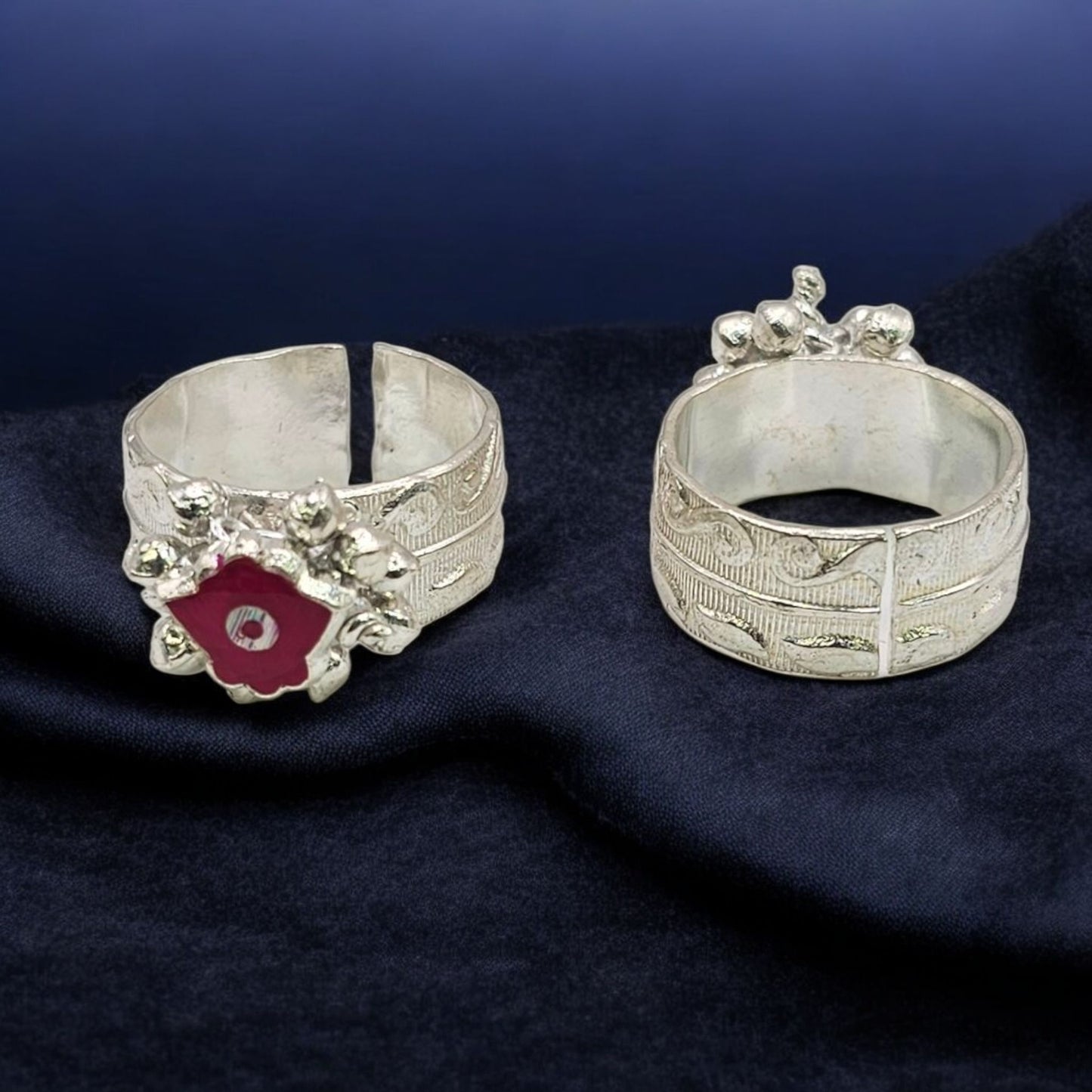 Floral Ruby Bloom Silver Adjustable Toe Rings