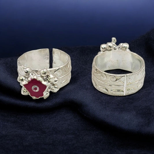 Floral Ruby Bloom Silver Adjustable Toe Rings