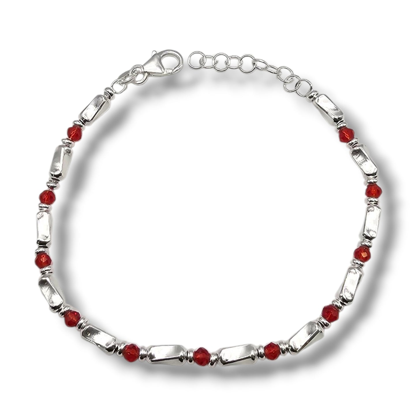 Men’s & Women’s Silver Bar Beaded Bracelet – Ruby Red Accent