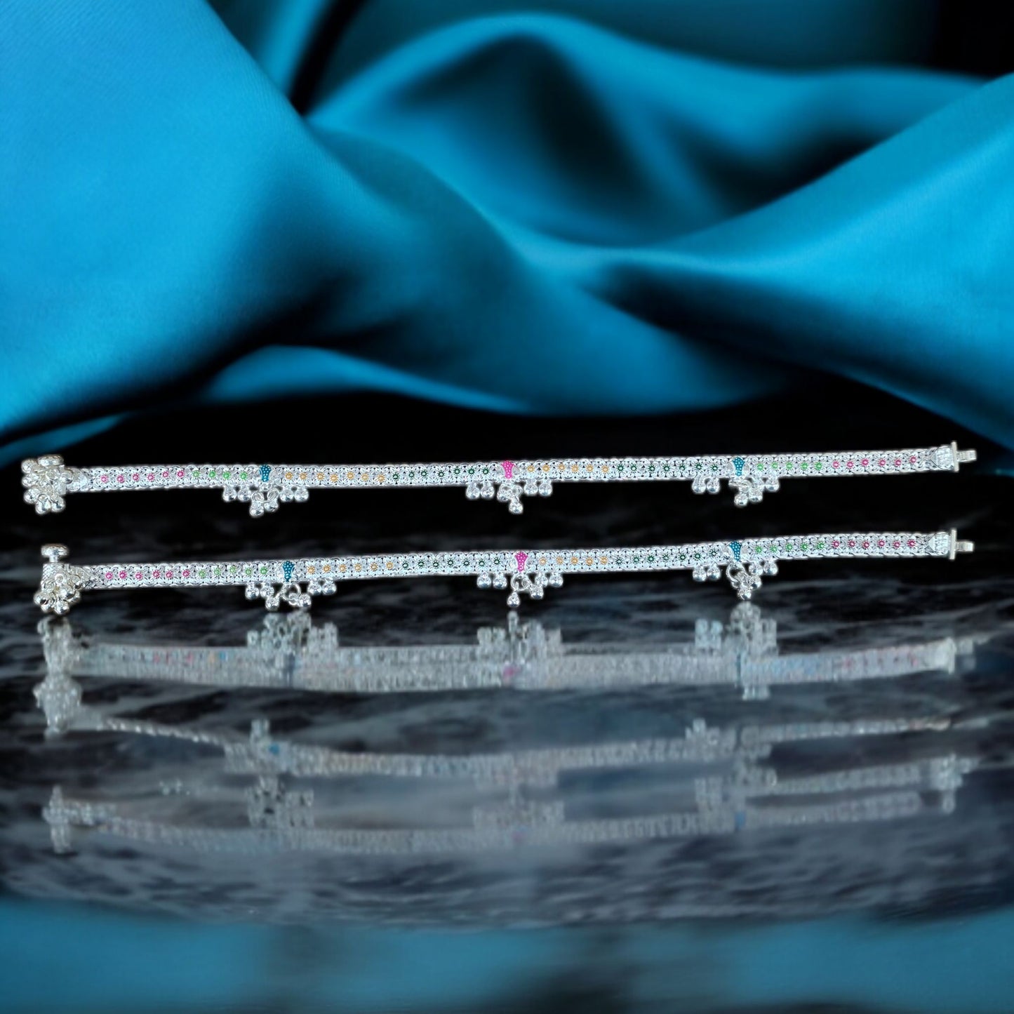 Meenakari With Pattern Ghunghroo Silver Anklets