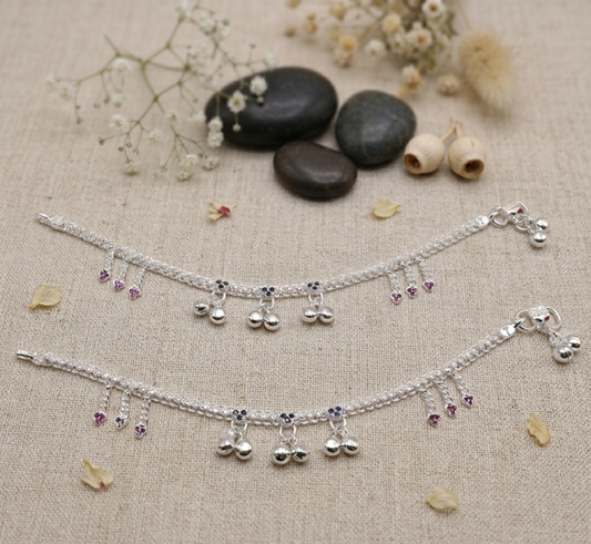 Floral Accent 925 Silver Anklets For Kids