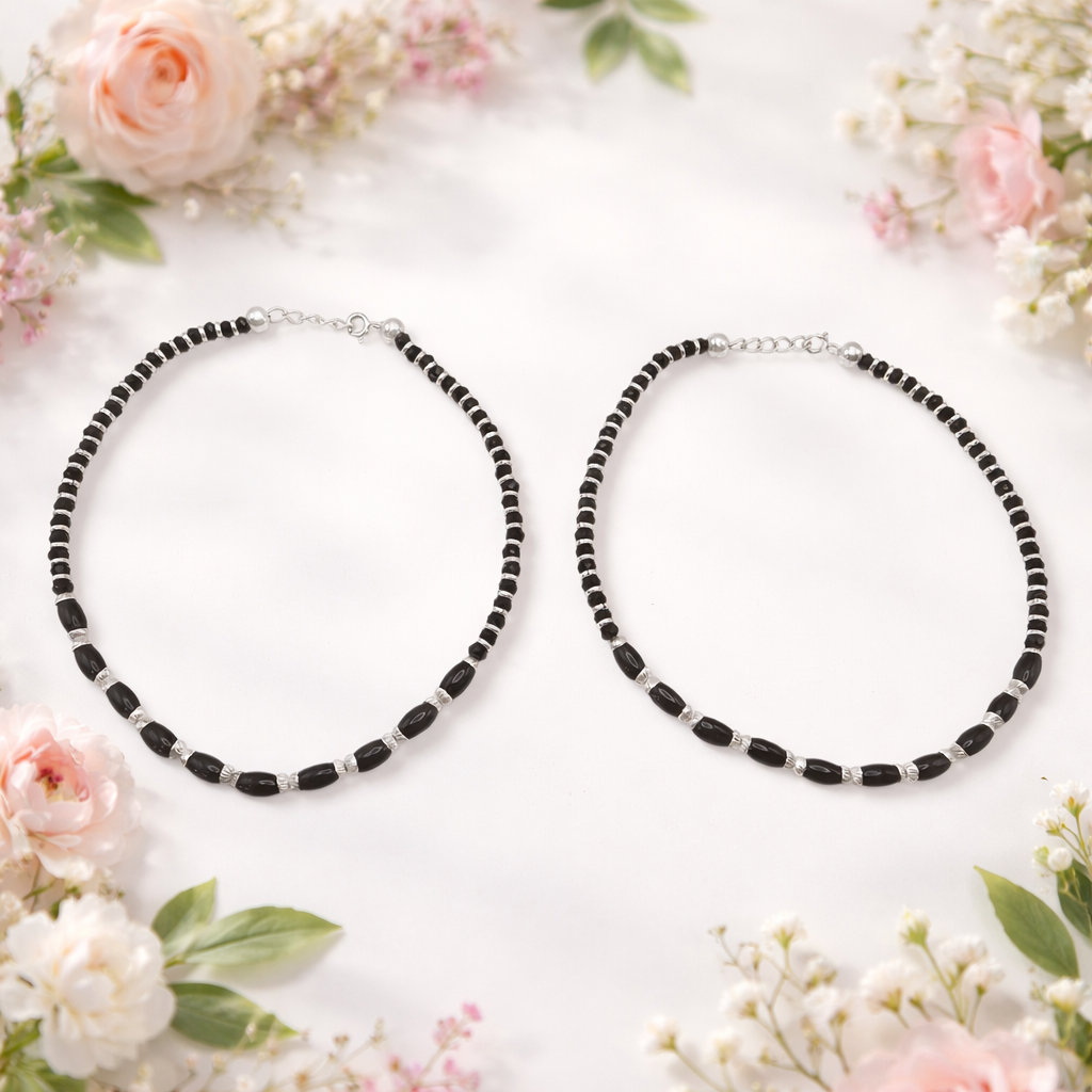 Black Bead Silver Anklets