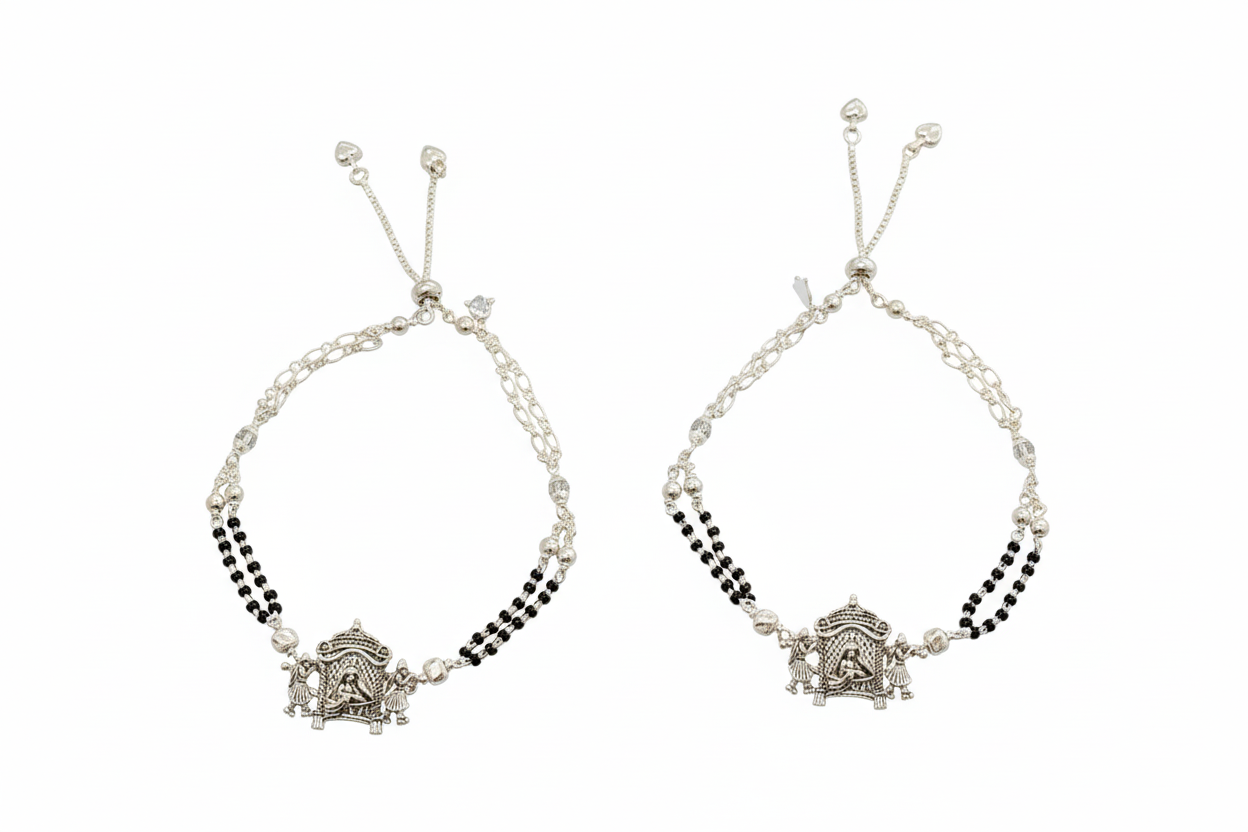 Antique Silver Jodhpuri Adjustable Anklets – Royal Doli Pattern Charm Pair