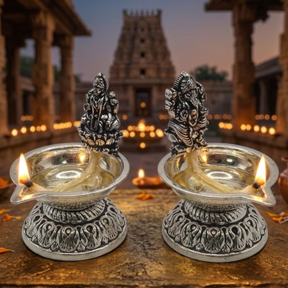 Lakshmi-Ganesha Heritage Silver Diya Set
