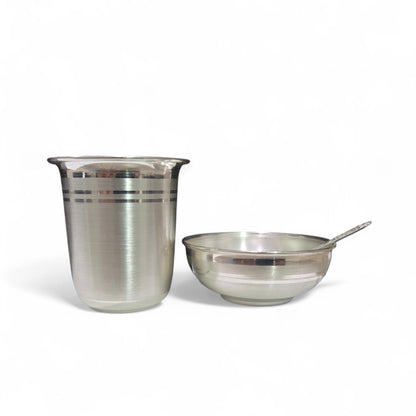 Annaprashan Small Silver Bowl, Spoon And Glass Set