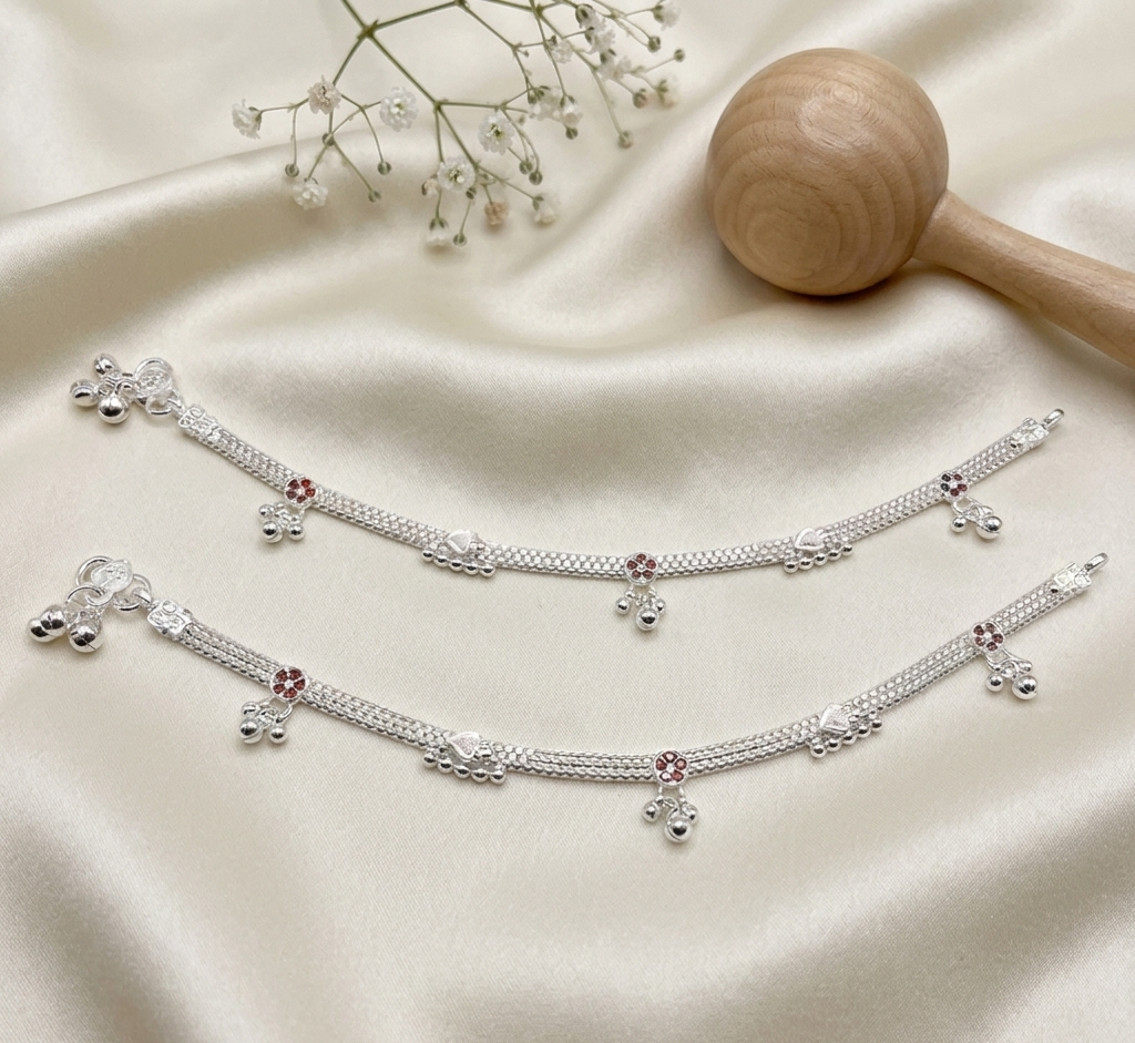 Intricate Floral Drop Silver Kids Anklets