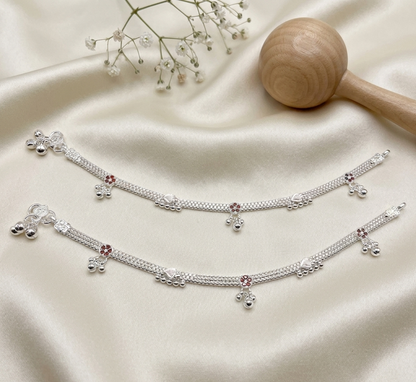 Intricate Floral Drop Silver Kids Anklets