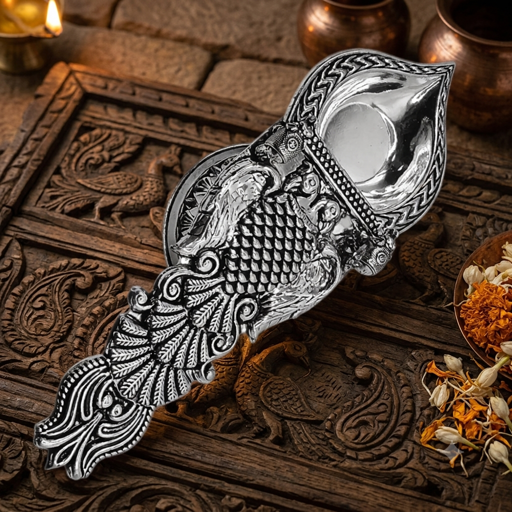 Rajwada Silver Peacock Diya
