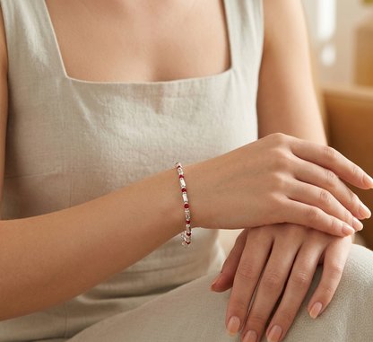 Men’s & Women’s Silver Bar Beaded Bracelet – Ruby Red Accent