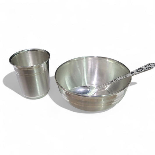 Annaprashan Medium Silver Set With Glass, Spoon And Bowl