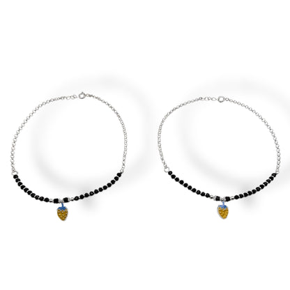 Minimalist Black Bead Silver Anklet with Cute Charm