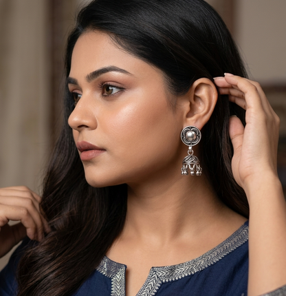 Oxidized 925 Silver Floral Jhumka Earrings
