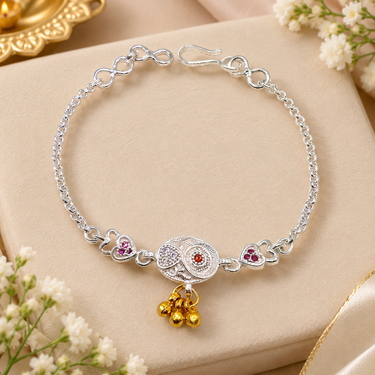 Silver Heart & Bells Baby Shower Rakhi