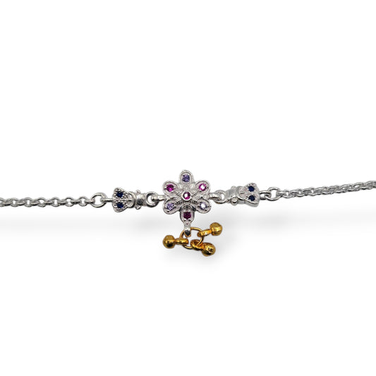 Vibrant Floral Silver Baby Rakhi – Pink & Blue Stone Accented Keepsake Jewelry