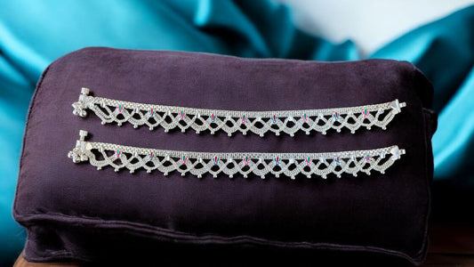 Traditional Interlaced Silver Anklets With Meenakari Flower