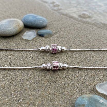 Magenta Orbit Silver Snake Chain Anklets For Women