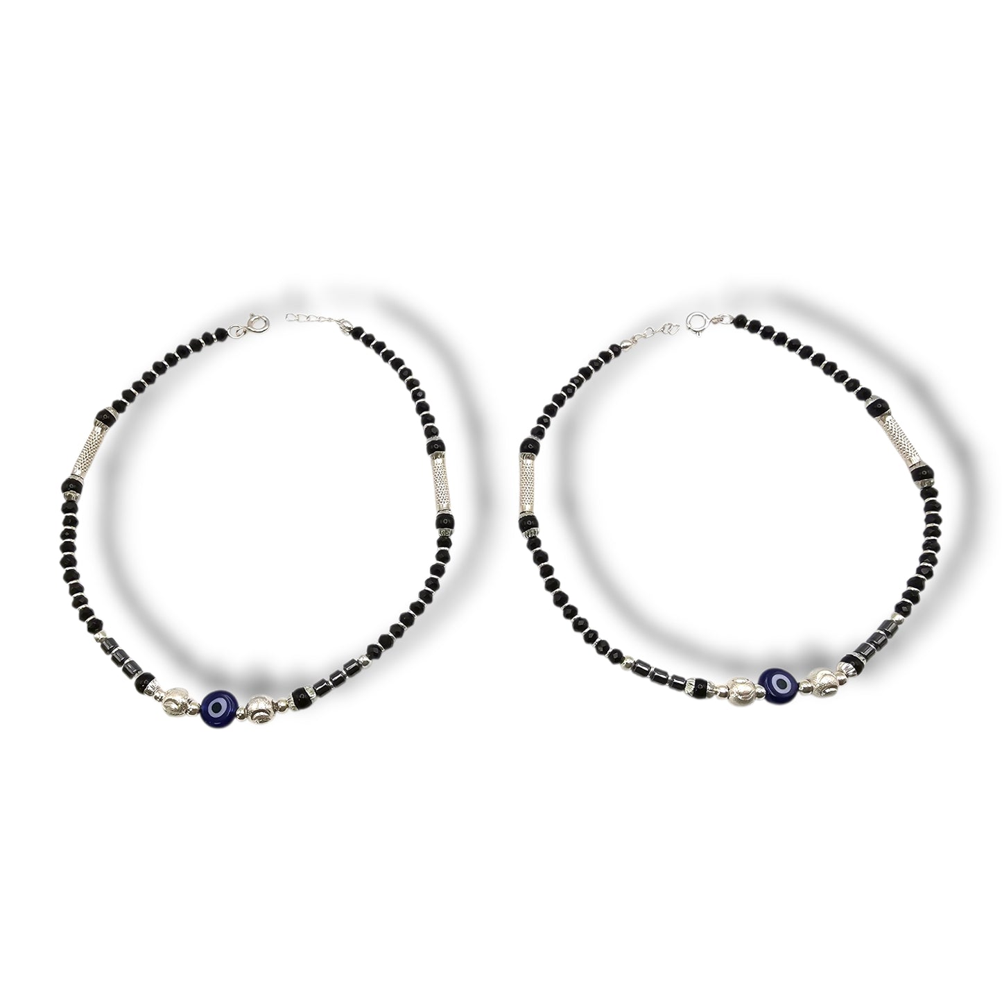 Evil Eyes Black Bead Elegance Silver Anklets