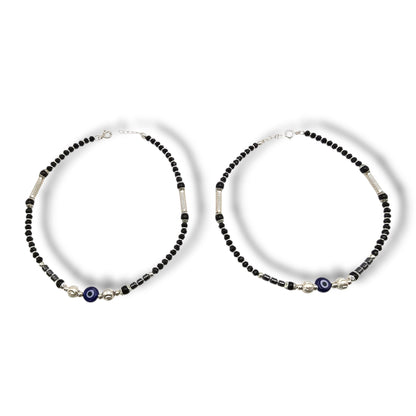 Evil Eyes Black Bead Elegance Silver Anklets
