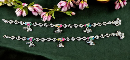 Traditional Silver Anklets With Flower Pattern Ghungroo