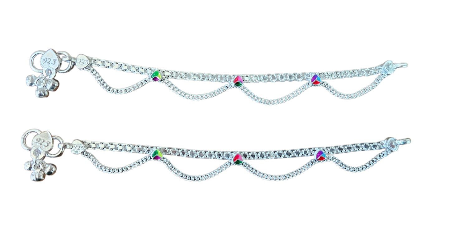 Kids’ Two-Layer Silver Anklets with Meenakari Petal Design