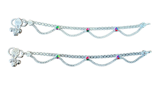 Kids’ Two-Layer Silver Anklets with Meenakari Petal Design