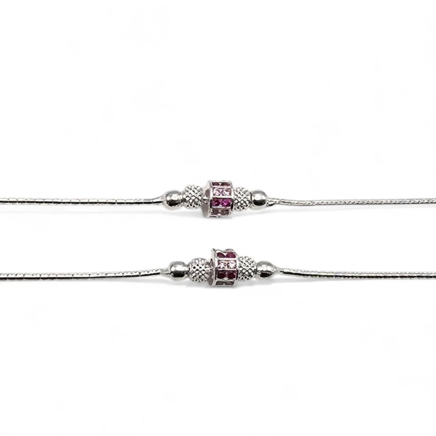 Magenta Orbit Silver Snake Chain Anklets For Women
