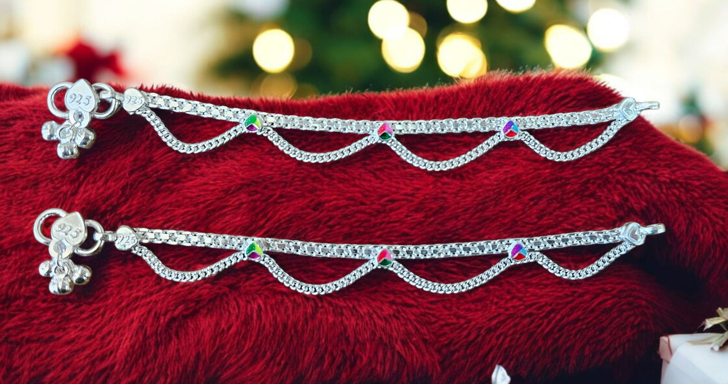 Kids’ Two-Layer Silver Anklets with Meenakari Petal Design