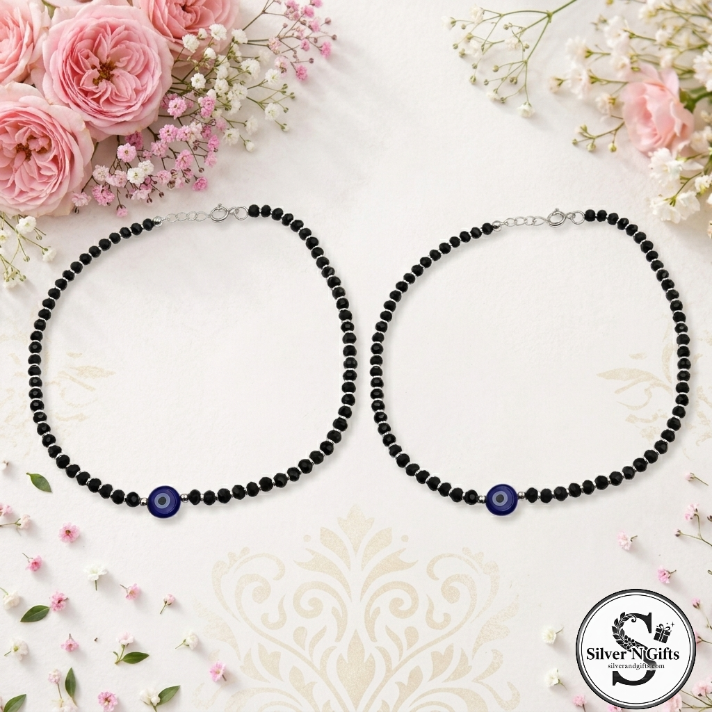 Nazar Black Bead With Evil Eye Silver Women's Anklets