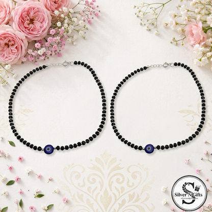 Nazar Black Bead With Evil Eye Silver Women's Anklets