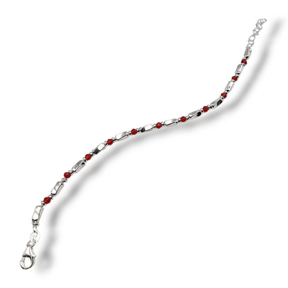 Men’s & Women’s Silver Bar Beaded Bracelet – Ruby Red Accent