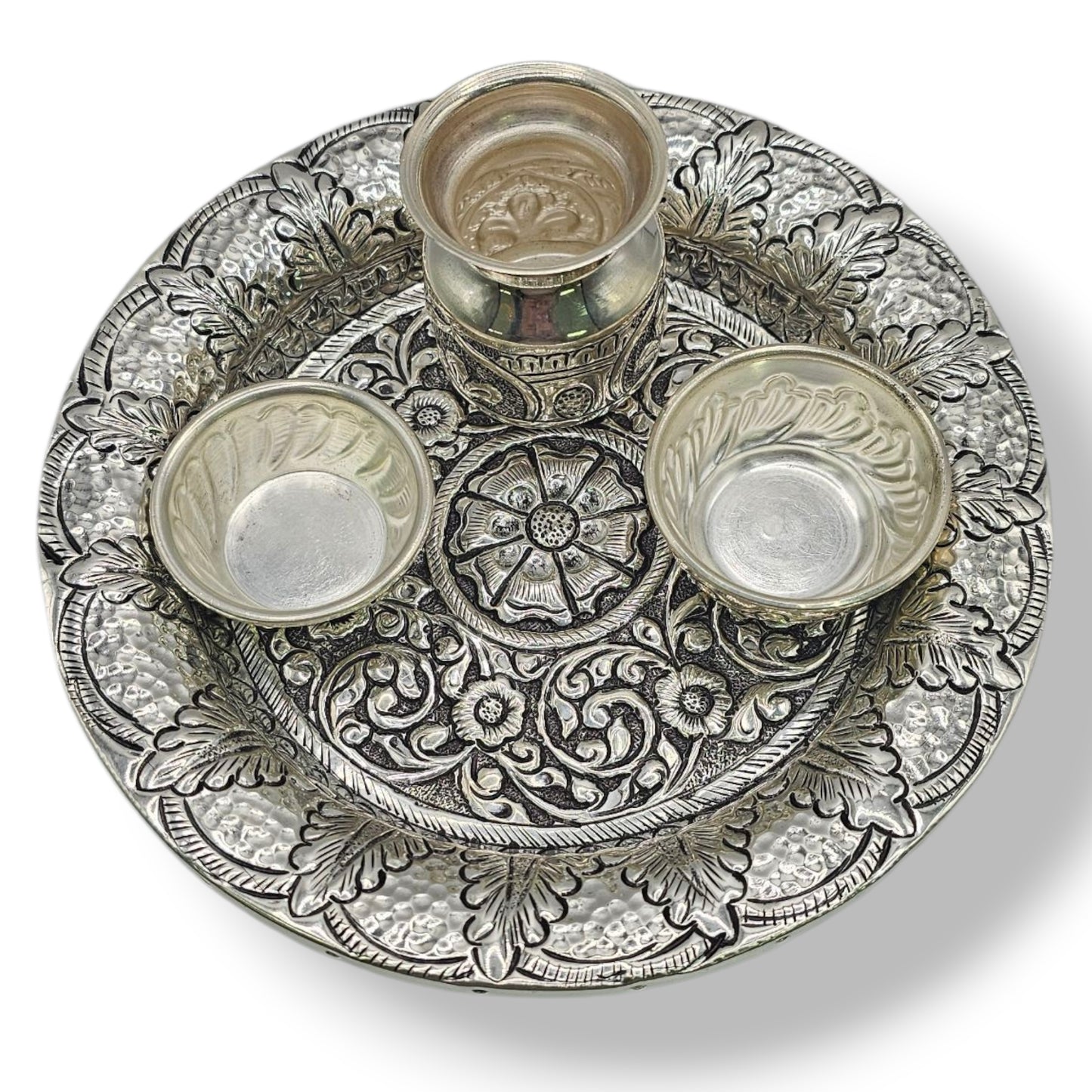 Raajvadhu Antique Finish Silver Pooja Thali