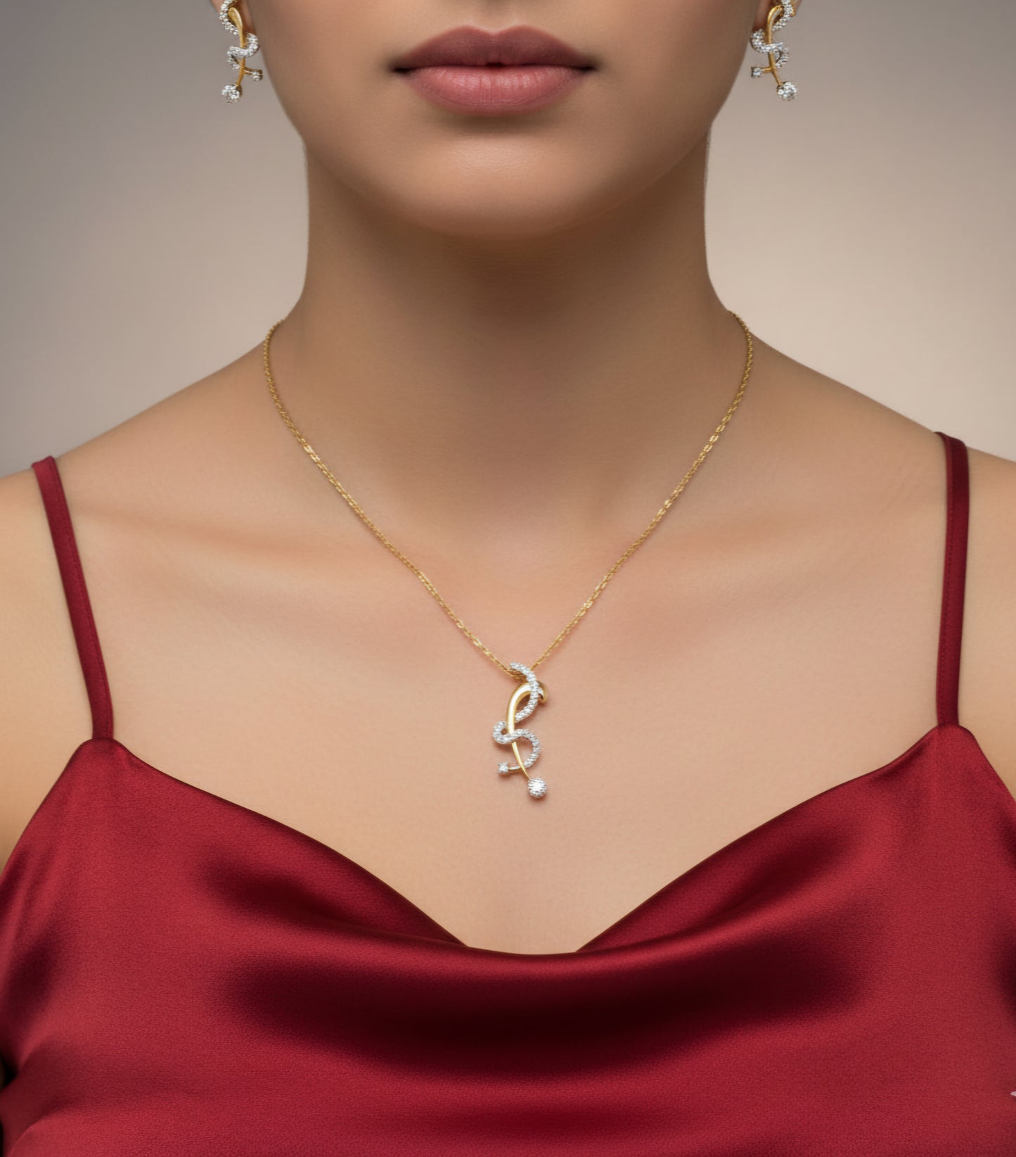 Swirl Pattern Natural Diamond Pendant And Earrings set