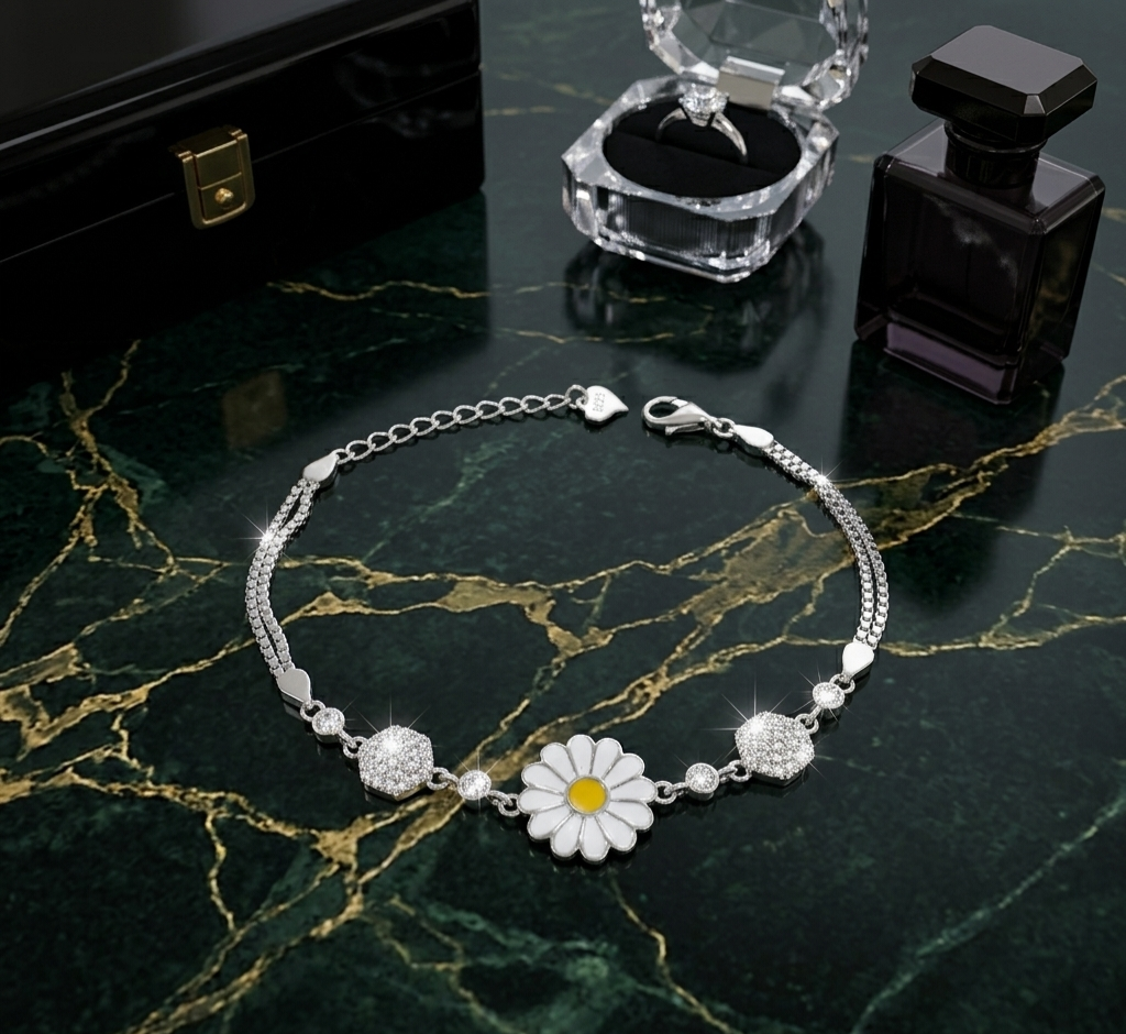 Boho Daisy Double-Strand 925 Silver Bracelet