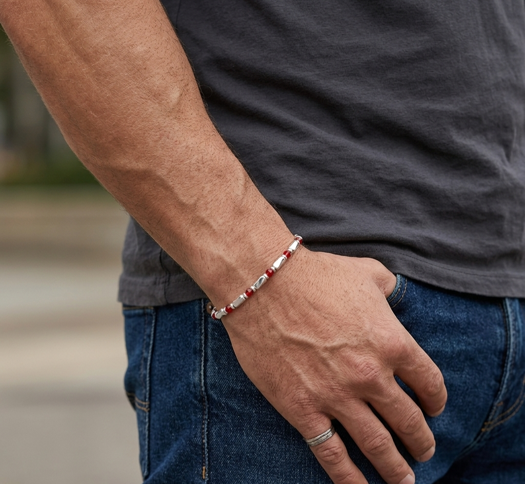 Men’s & Women’s Silver Bar Beaded Bracelet – Ruby Red Accent