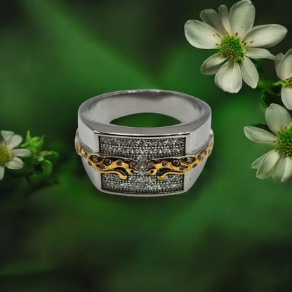Men’s Silver Ring with Gold Leopard Detail