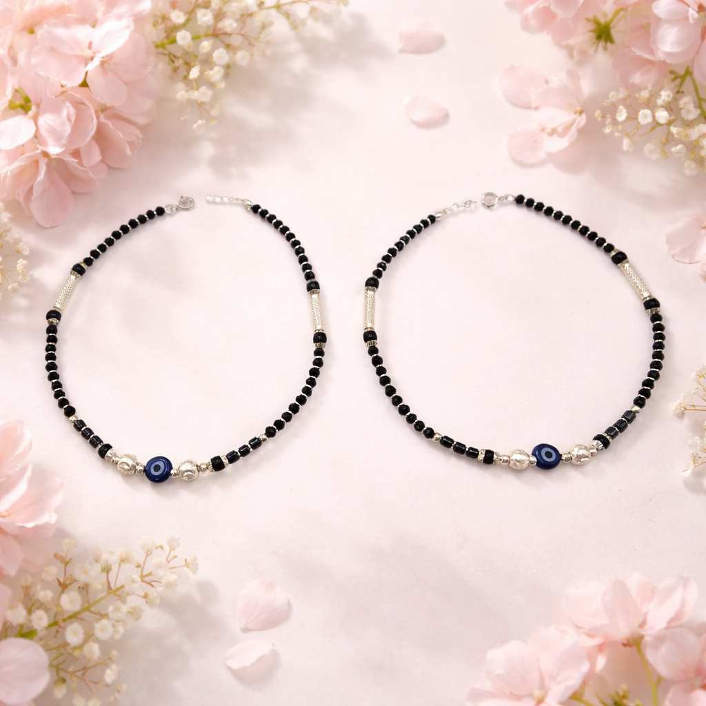 Evil Eyes Black Bead Elegance Silver Anklets