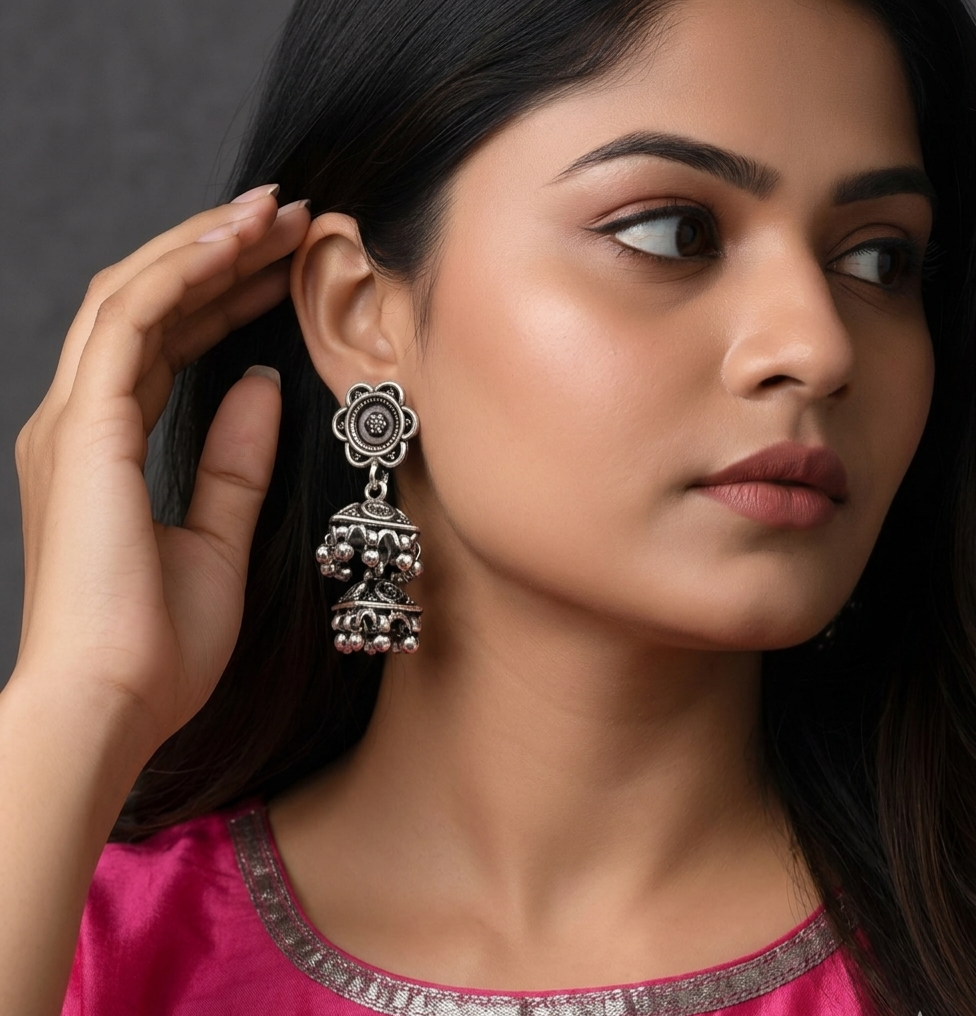 Heritage Floral Tiered 925 Antique Finish Silver Earrings