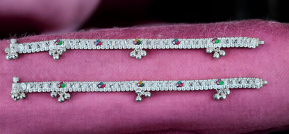 Traditional Meenakari Women's Silver Anklets