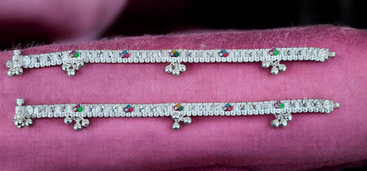 Traditional Meenakari Women's Silver Anklets