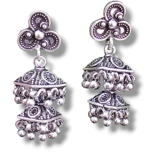 Hallmarked Silver Two-Step Jhumkas with Vintage Floral Embossing