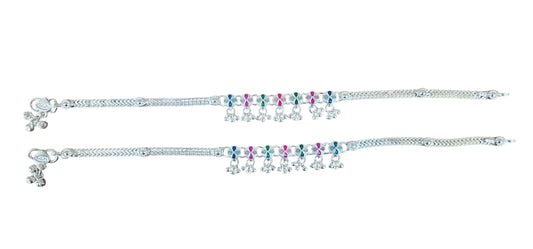 Flower Pattern Motif With Ghunghroo Hanging Silver Women's Anklets