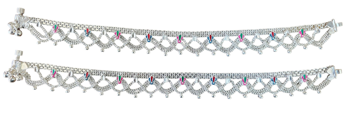 Traditional Interlaced Silver Anklets With Meenakari Flower