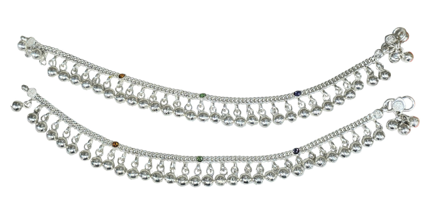 Silver Anklet For Young Girls With Jingles and Meenakari